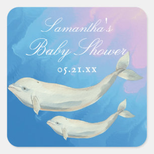 Beluga Whale Mom and Calf Baby Shower Square Sticker