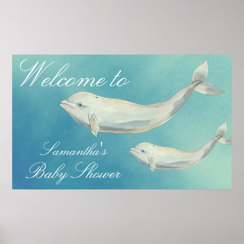 Beluga Whale Mom and Calf Baby Shower Welcome Poster