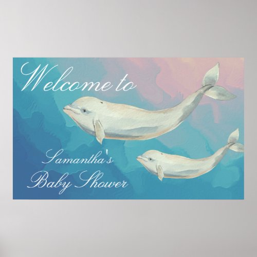 Beluga Whale Mom and Calf Baby Shower Welcome Poster