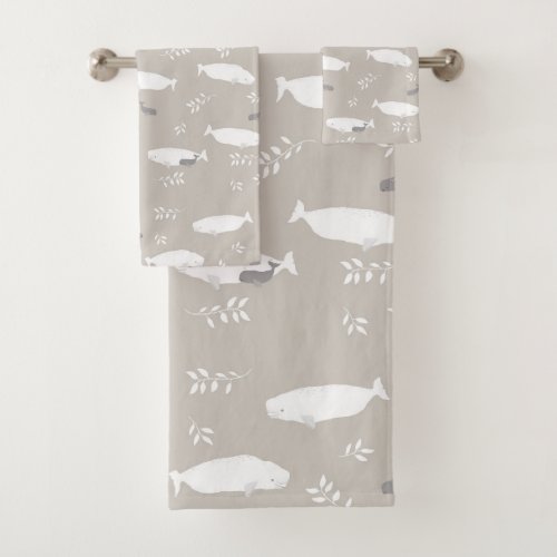 Beluga Whale On Pastel Grey Illustration  Bath Towel Set