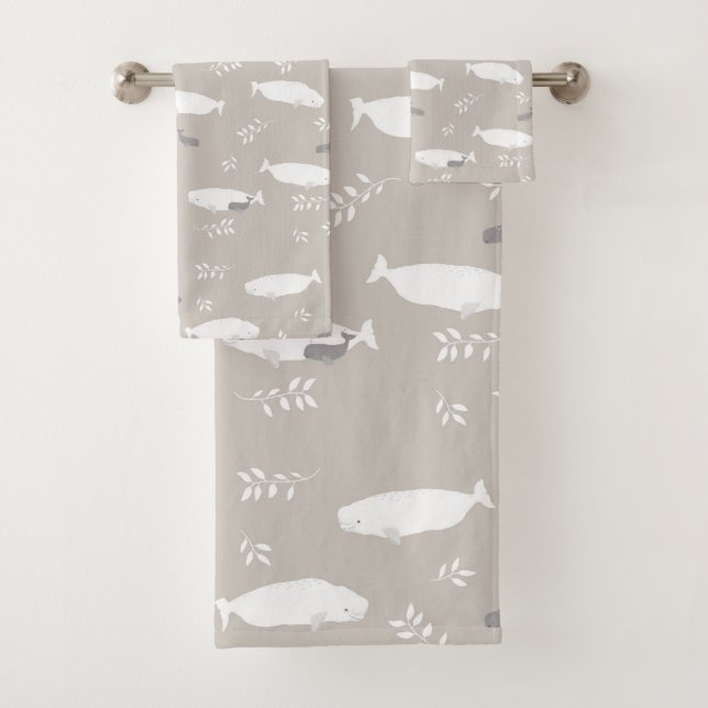 Beluga Whale On Pastel Grey Illustration  Bath Towel Set (Insitu)