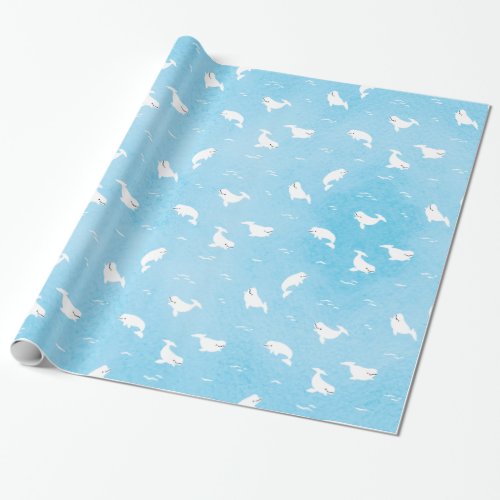 Beluga Whale Pattern in Ocean Blue Wrapping Paper