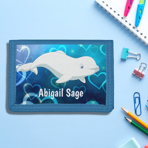 Beluga Whale White and Blue Hearts Arctic Ocean Trifold Wallet