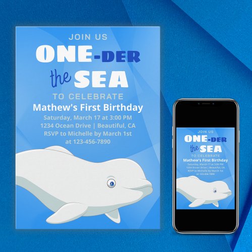 Beluga Whale White Arctic Ocean First Birthday Invitation