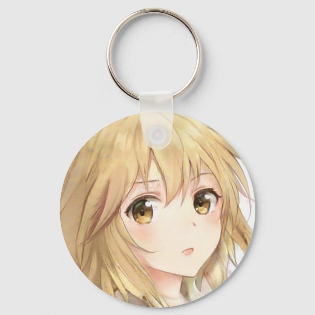 Bemused anime girl golden blond hair hazel eyes keychain (Front)