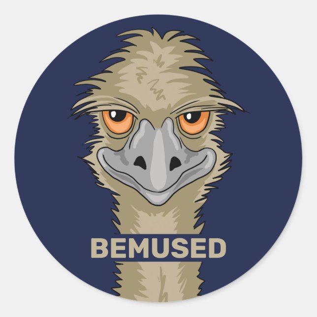 Bemused Funny Emu Pun Classic Round Sticker (Front)
