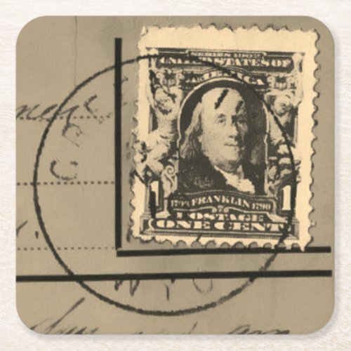 Ben Franklin Canceled Postage Stamp Square Paper Coaster
