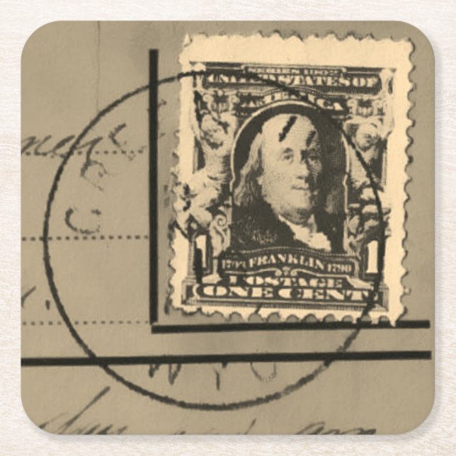 “Ben Franklin Canceled” Postage Stamp Square Paper Coaster (Front)