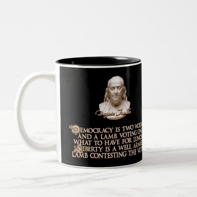 Ben Franklin Quote: 2 Wolves & a Well Armed Lamb Two-Tone Coffee Mug (Left)