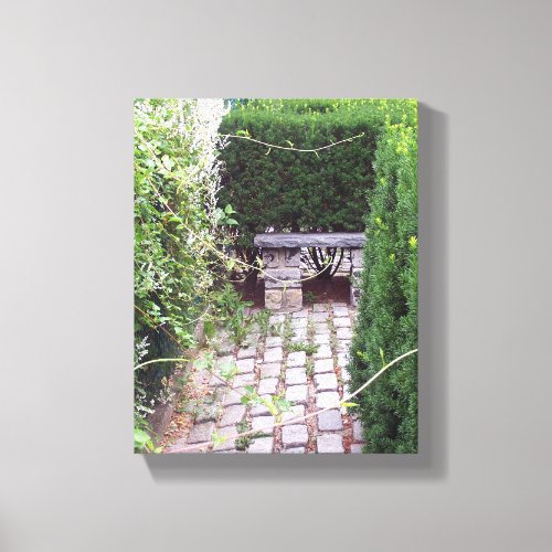 Bench and Cobblestone Garden Path Canvas Print