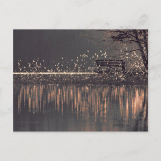 Bench by the lake in the golden light postcard