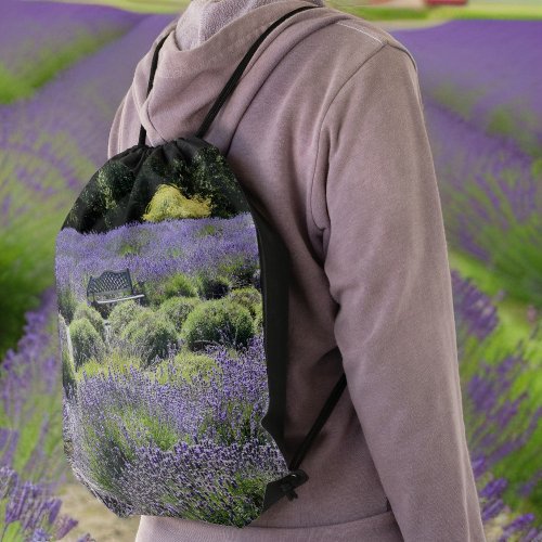 Bench in a Huge Field of Lavender in Sequim Drawstring Bag