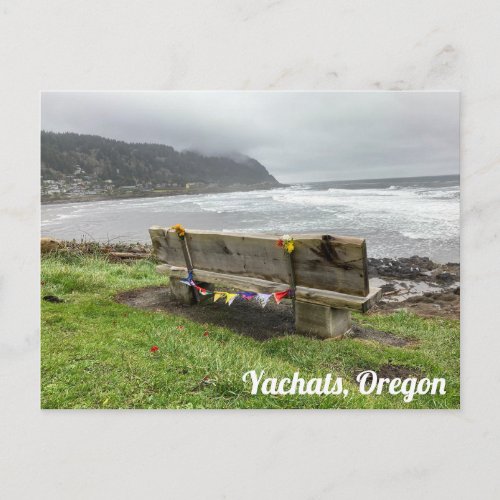 Bench overlooking the ocean in Yachats Oregon Postcard