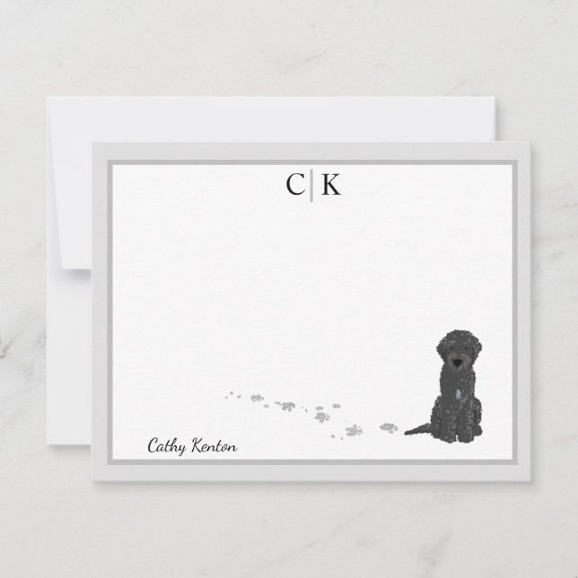 Bene the Labradoodle Dog Gray Border Monogram Note Card (Front)