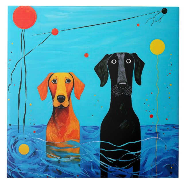 Beneath the Blue Horizon -  Surreal Colourful Dogs Ceramic Tile (Front)