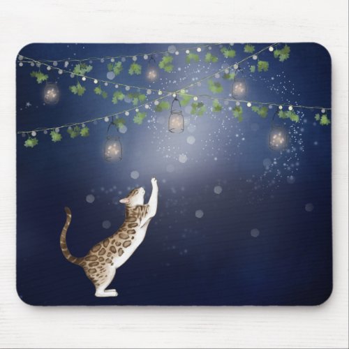 Bengal Cat and Fireflies and Lanterns  Mouse Pad