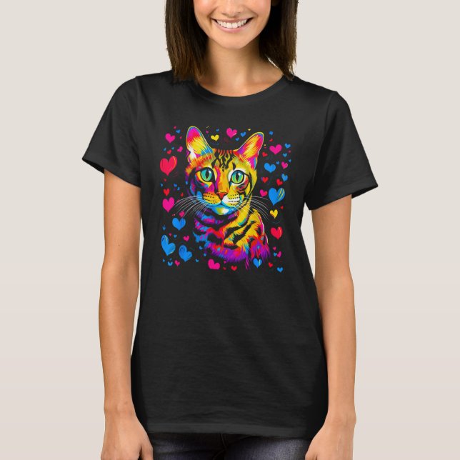 Bengal Cat Blue Red Heart T-Shirt (Front)