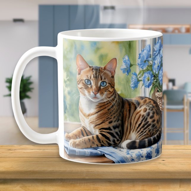 Bengal Cat Breed Watercolor Coffee Mug (An elegant ceramic coffee mug, with a picture on both sides of a Bengal cat in a watercolor style)
