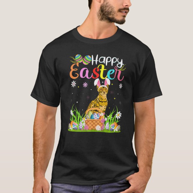Bengal Cat Bunny Egg Hunting Bengal Cat Happy East T-Shirt (Front)