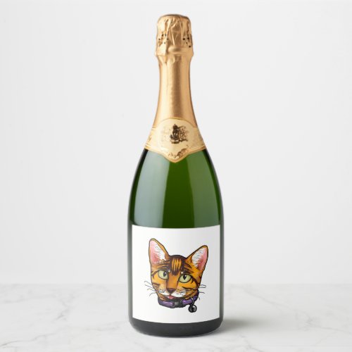 Bengal cat Cats Kitty Cartoon Face Love sweet cute Sparkling Wine Label