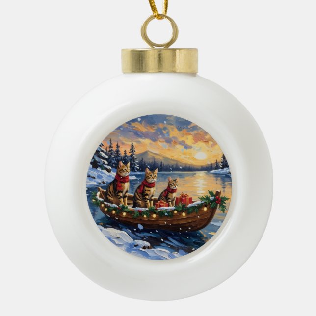 Bengal Cat Christmas Boat Holiday Ceramic Ball Christmas Ornament (Front)