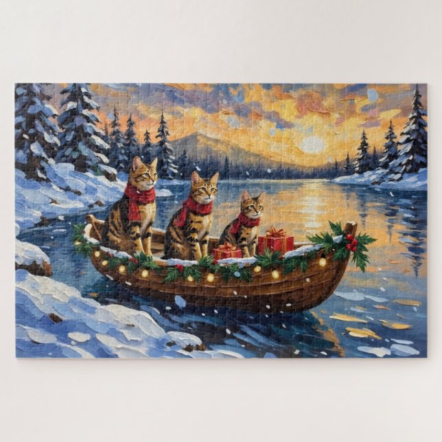 Bengal Cat Christmas Boat Holiday Jigsaw Puzzle (Horizontal)