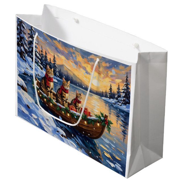 Bengal Cat Christmas Boat Holiday Large Gift Bag (Front Angled)