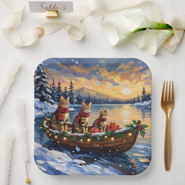 Bengal Cat Christmas Boat Holiday Paper Plates (Wedding)