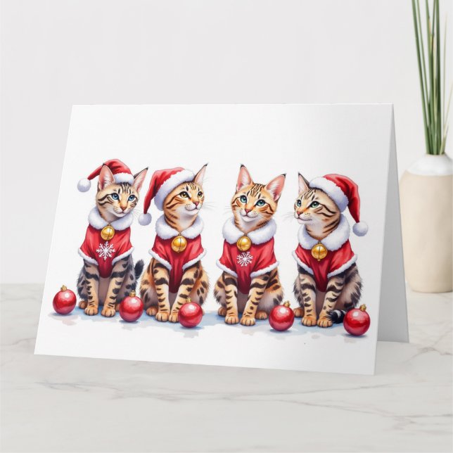 Bengal Cat Christmas Dress Santa Hat Card (Front)