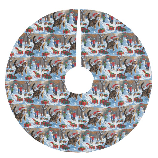 Bengal Cat Christmas Festive Snow Scene Brushed Polyester Tree Skirt (Front)
