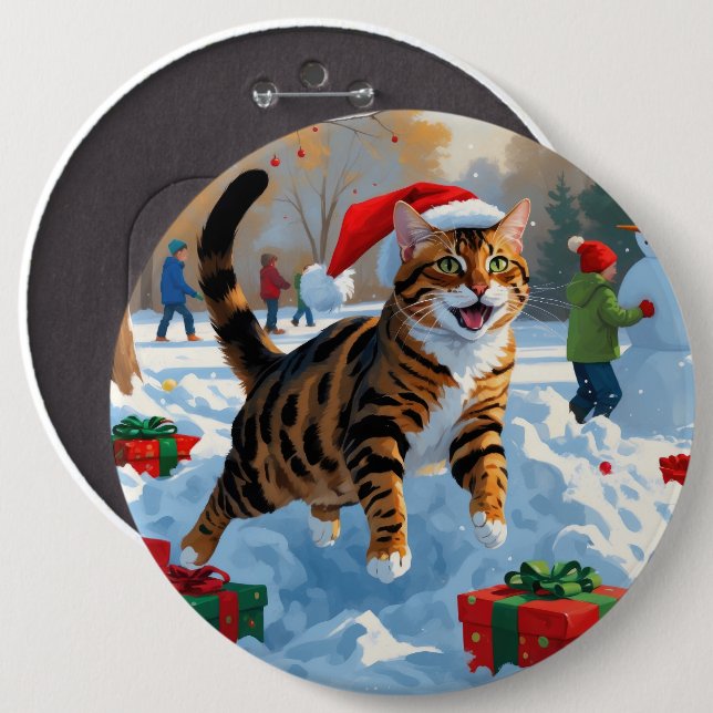 Bengal Cat Christmas Festive Snow Scene Button (Front & Back)