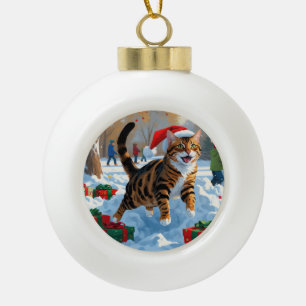 Bengal Cat Christmas Festive Snow Scene Ceramic Ball Christmas Ornament