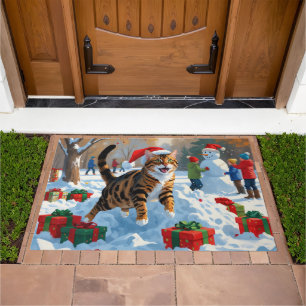 Bengal Cat Christmas Festive Snow Scene Doormat