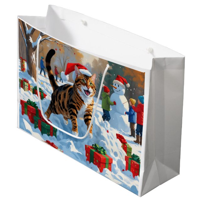 Bengal Cat Christmas Festive Snow Scene Large Gift Bag (Front Angled)