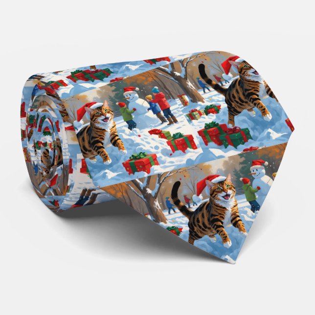 Bengal Cat Christmas Festive Snow Scene Neck Tie (Rolled)