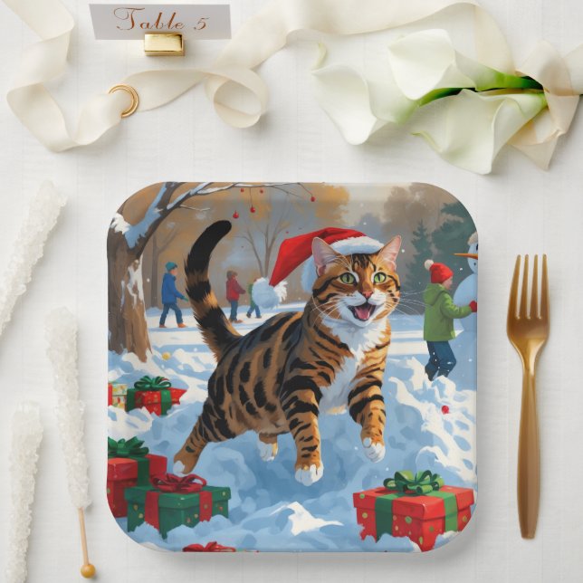 Bengal Cat Christmas Festive Snow Scene Paper Plates (Wedding)
