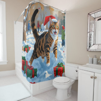 Bengal Cat Christmas Festive Snow Scene Shower Curtain