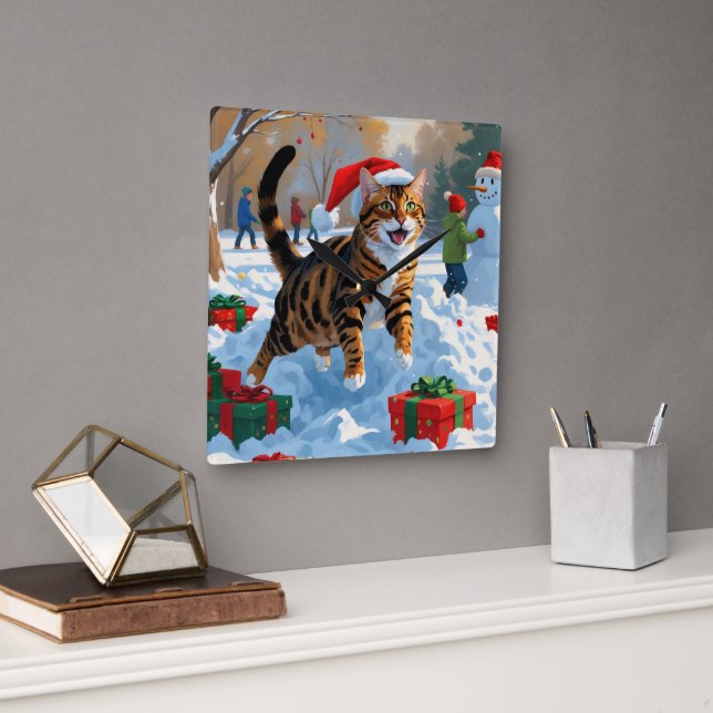 Bengal Cat Christmas Festive Snow Scene Square Wall Clock (Office)