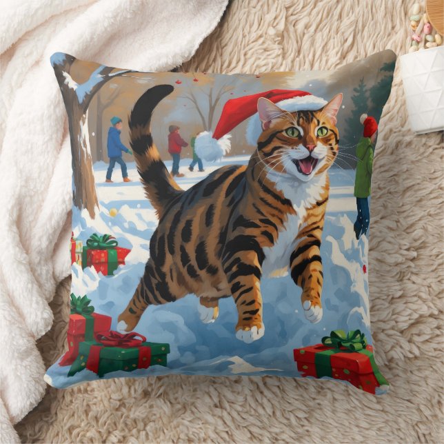 Bengal Cat Christmas Festive Snow Scene Throw Pillow (Blanket)