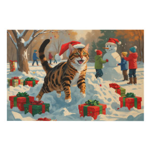 Bengal Cat Christmas Festive Snow Scene Wood Wall Art