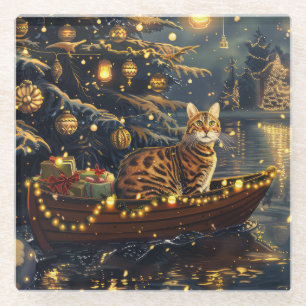 Bengal Cat Christmas Festive Voyage Glass Coaster