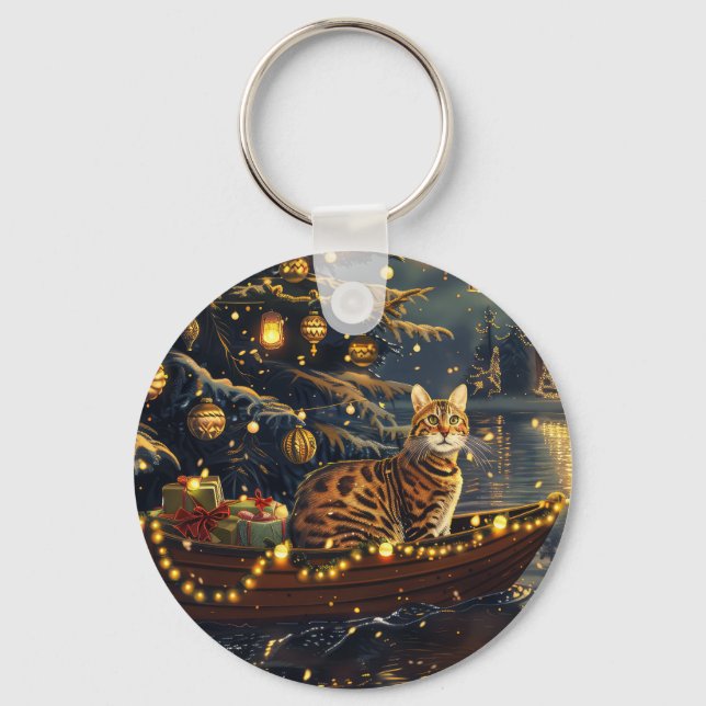 Bengal Cat Christmas Festive Voyage Keychain (Front)