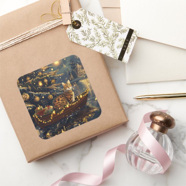 Bengal Cat Christmas Festive Voyage Square Sticker (Gifting)