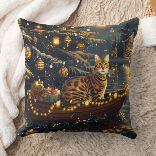 Bengal Cat Christmas Festive Voyage Throw Pillow (Blanket)