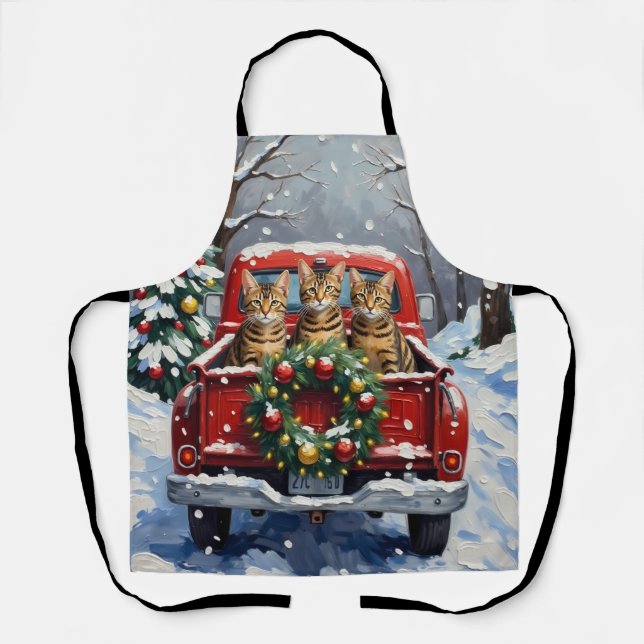 Bengal Cat Christmas Red Truck Holiday Apron (Front)