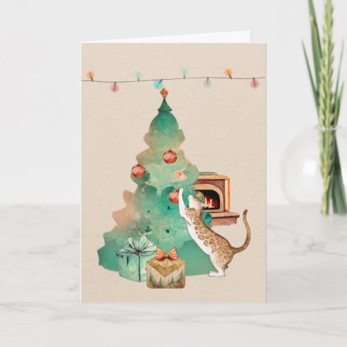 Bengal Cat Decorating a Christmas Tree Card