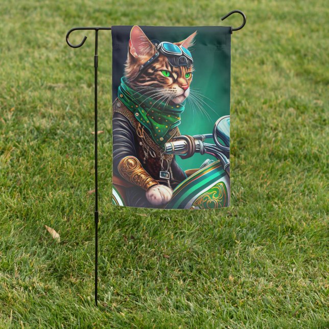 Bengal Cat driving bike St. Patrick's Day Garden Flag (In SItu)