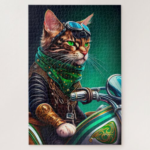 Bengal Cat driving bike St Patricks Day Jigsaw Puzzle