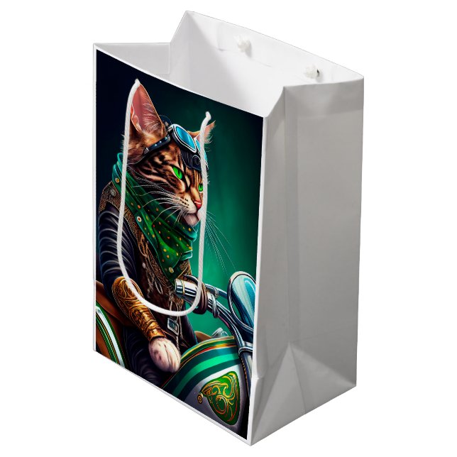 Bengal Cat driving bike St. Patrick's Day Medium Gift Bag (Front Angled)