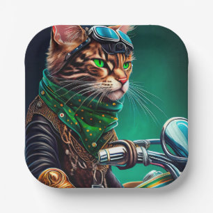 Bengal Cat driving bike St. Patrick's Day Paper Plates